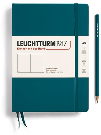 LEUCHTTURM1917 359698 Notizbuch Medium (A5), Hardcover, blanko, pacific green | Inhaltsverzeichnis, 251 nummerierte Seiten, 2 Lesebändchen, Falttasche, säurefrei