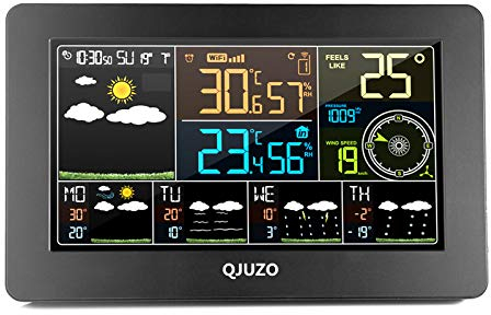 QJUZO WLAN Wetterstation mit Außensensor und APP-Steuerung Smart Weather Monitor Uhr mit USB-Anschluss Innen- Außentemperatur und Luftfeuchtigkeit Windgeschwindigkeit Digitaluhr