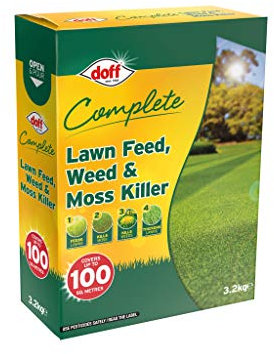 Doff Complete Lawn Feed, Weed & Moss Killer – 3.2kg Triple-Action Lawn Care Treatment for Gardens – Condition & Thicken Lawns & Control Weeds & Moss - Promotes Greener Grass Year-Round