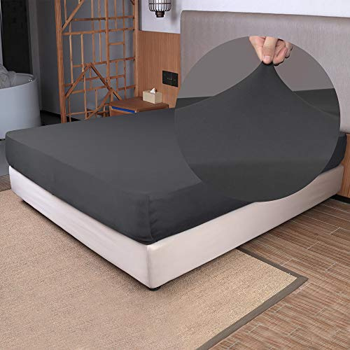 Stretch Twin Size Fitted Sheet Only - 4 Way Stretchy Jersey Knit, Snug Fit for Twin & XL Mattress(Standard/RV, Deep/Shallow), Non Slip, Cozy T-Shirt Soft & Comfortable - Dark Gray