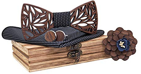 HZQIFEI Noeud Papillon en Bois Sculpté avec Broche à Fleurs, Mouchoir et Boutons de Manchette pour Cadeau, Réception, Mariage (Style#4)