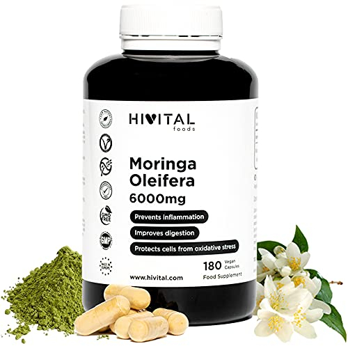 Moringa Oleifera 6000 mg. 180 vegane Kapseln für 6 Monate. Natürlicher Extrakt mit Vitaminen, Mineralien, Aminosäuren und Fettsäuren. Hergestellt von HIVITAL
