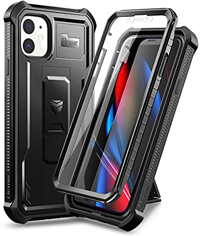 Dexnor Fodral för iPhone 11 6,1 tum 360 helkropp slitstark robust robust militär dropptestat skyddande fodral inbyggt skärmskydd och ställ för iPhone 11 – Svart