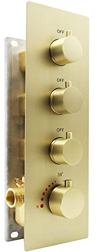 HOMEDEC 3 Function Shower Mixing Valve and Trim Kit, Brushed Gold 3 Ways Thermostatic Valve Flow Volume Control Vertical Shower Diverter Selector