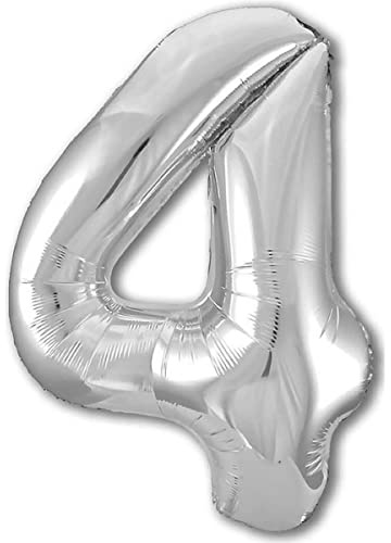 Luftballon 4. Geburtstag Zahl 4 Silber XXL Riesen Folienballon 100cm Geburtstagsdeko Ballon Zahl Deko zum Geburtstag. Fliegt mit Helium.