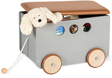 PINOLINO Spielzeugkiste Jim, aus Holz und Kunstleder, mit Zugschnur, gummierten Holzrädern und abnehmbarem Deckel, grau lackiert/Kunstleder braun