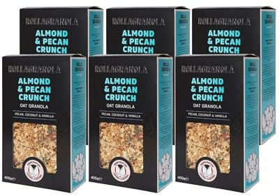 Rollagranola - Almond & Pecan Crunch Oat Granola - 6 x 400g Pack. 100% Natural, Made With Gluten Free Oats. Suitable For A Vegan Diet And Low In Sugar. Handcrafted In The UK - 400g Pack of 6