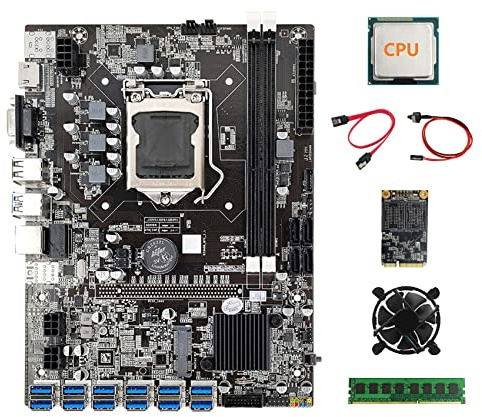 Lodokdre B75 BTC Carte mère minière 12XUSB+CPU+DDR3 4GB 1600MHz RAM+128G SSD+ventilateur + câble + câble Switch LGA1155 Carte mère