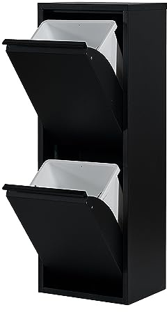 Atahome Recycling Bins for Kitchen Metal Slim Trash Bin Cabinet 2 Bins Plastic Buckets with Metal Handles, 2x15 Litres Bin Divider Storage Organiser, Sturdy Rubbish Bin Aphrodisias 2 Drawer (Black)