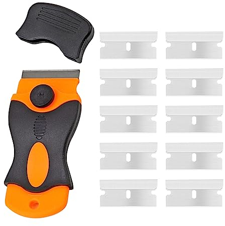 CGEAMDY Raschietto per Piano Cottura in Vetro, con 10 Lame di Ricambio per Raschietto, Multiuso Accessori per Auto, per Pulizia per Etichette, Decalcomanie, Adesivi, Calafatoio, Vernice in Vetro