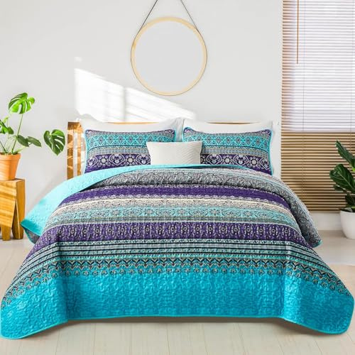 WONGS BEDDING - Trapunta copriletto 200x220 cm con motivo boho, trapuntata, 3 pezzi, per letto matrimoniale, in microfibra, con 2 federe da 50x75 cm per camera da letto, ideale anche come copriletto