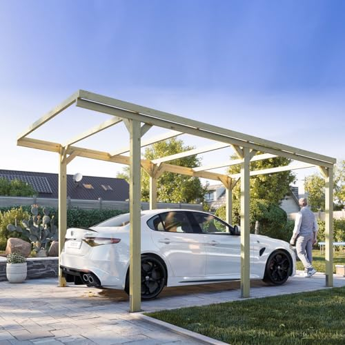 CarPort - Pergola da Giardino 3x5 m in Legno massello per Auto, trattata in Autoclave, Resistente agli Agenti atmosferici, Made in Italy