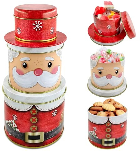 TaimeiMao 3 Stück Weihnachten Keksdose,3 in 1 Weihnachtsmann Keksdosen | Plätzchendose Metall,Dreistöckige Gebäckdosen,Vorratsdosen für Süßigkeiten Schokolade Cookies zu Winter Advent Weihnachten
