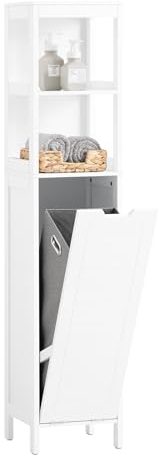 SoBuy Mobile Bagno Salvaspazio con Portabiancheria Colonna Bagno 145cm con Ripiani Aperti e Cesto Estraibile Armadietto Alto Bianco BZR123-W