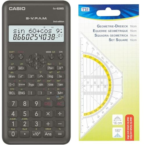 Casio FX-82MS-2 Wissenschaftlicher Taschenrechner, Batteriebetrieb, grau & TSI Geodreieck 16 cm, transparent, Art. Nr. 46302