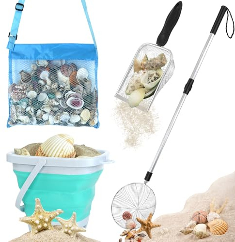 fethwoin Shark Tooth Sifter, Beach Sand Sifter, Sea Shell Scooper for Beach, Shell Bags&Foldable Bucket, Sand Beach Toys for Kids 6 8 10 12, Medium, Blue