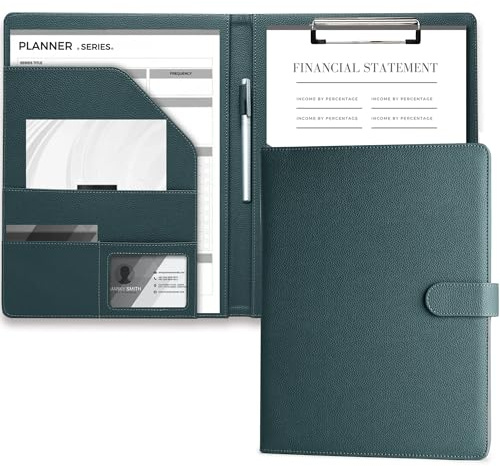 Mymazn Cartella Portadocumenti A4 Pu Pelle Portablocco A4 con Pinza Porta Documenti Blocco Appunti Folio Document Organizer(Verde Grigiastro)