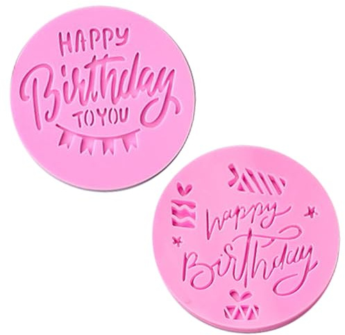 Cipszoely Happy Birthday Fondant Stamps, 2 Pcs Round Cookie Stamp Happy Birthday Personalised 3D Mould for Icing Cake Biscuit Cupcake Valentines Decorating