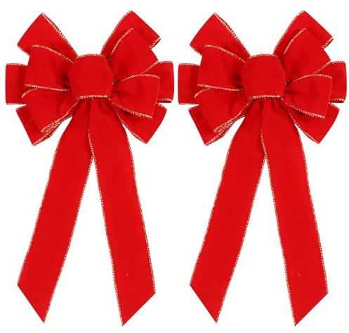 YUNHENTONG Lazos Rojos Arbol Navidad, 2 Piezas Lazo Grande Navidad, Exterior Lazos Rojos Navidad Grandes para Árbol de Navidad, Corona de Navidad, Decoración del Hogar, Navidad Adornos