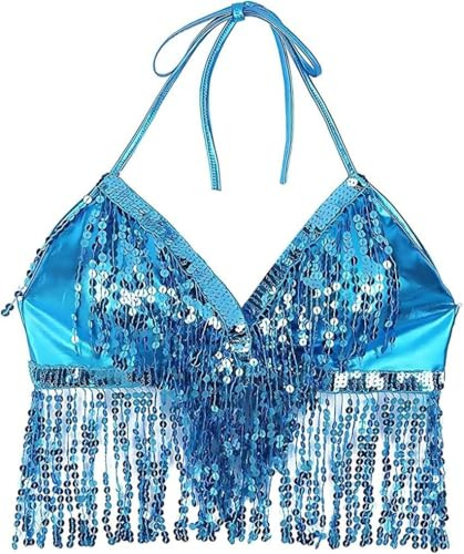 QIBZI Pailletten-Performance-Top und Bauchtanz-BH (blau)