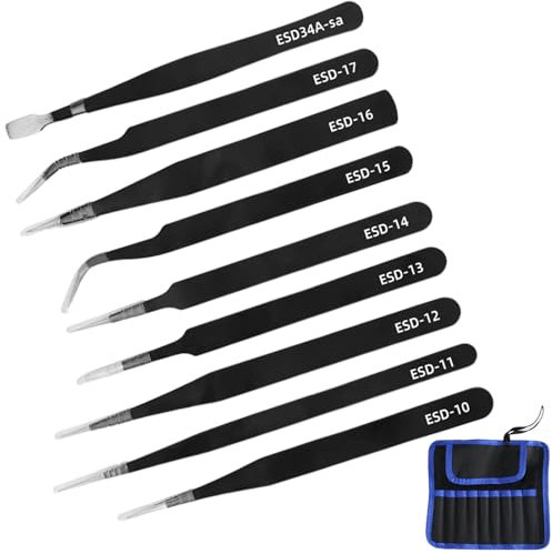 9 Piece Precision ESD Anti-Static Tweezers Set, Stainless Steel Non-Magnetic Tweezers with Storage Bag, Modelling Tools for Handicraft, Electronics Repair, Laboratory, Soldering, Jewelry Manufacturing