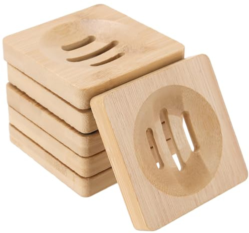 ZOENHOU 6 stycken tvålskålar bambu kvadratiska, 8,4 x 8,4 x 1,4 cm, naturlig bambu-tvålskål med dränage av trä för badrum och köksdiskbänkar