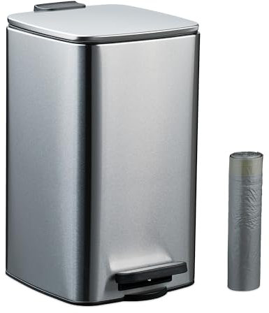 Relaxdays 8 L Pattumiera Bagno a Pedale, Cestino Interno Rimovibile, Coperchio Ammortizzato, Sacchetti Inclusi, Metallo, 70% Acciaio Inox 30% plastica, Argento