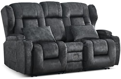 TCGBKAF Kinosessel 2-Sitzer manuell, Relaxsessel mit Liegefunktion & Getränkehalter, Doppel-Fernsehsessel Relaxsofa verstellbar mit Klappkonsole, Heimkino Sofa Zweisitzer Samtstoff für Wohnzimmer,Grau