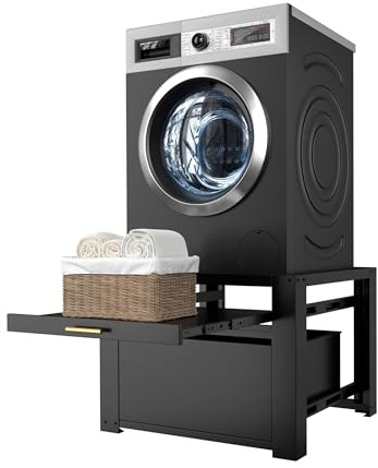 Yardenaler 29 Laundry Pedestal for Washer & Dryer, Universal Washing Drying Machine Stand with Storage Drawer Cabinet and Laundry Basket Shelf, 300 LBS Capacity, Black