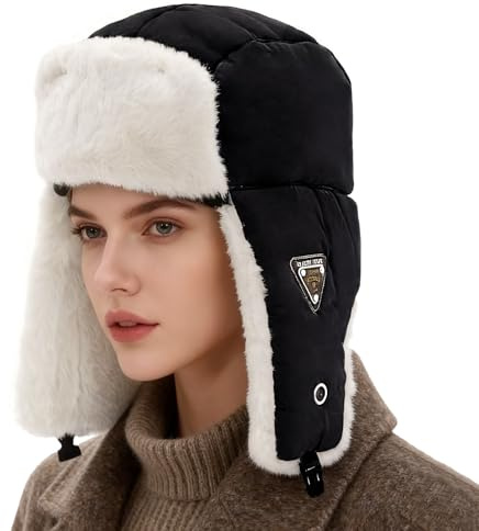LY4U Vinterhatt för män och kvinnor med öronskydd, fleecefoder, vindtät termisk hatt för skidåkning, vandring och utomhusaktiviteter, svart, One size