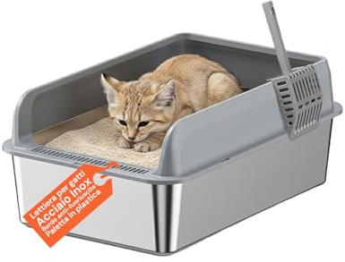 Avilia Lettiera per Gatti in Acciaio Inox Grande (60x40x30 cm) con Bordo Rialzato Anti-Schizzo - Igienica, Anti-Odore e Facile da Pulire - Include Paletta in Metallo - Vaschetta per Gatti e Cuccioli