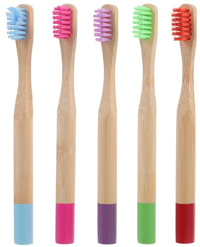 FIXOSHEE 5 Stück Teiliges Kinderzahnbürsten Weichen Bambusborsten Runde Griffe für Bequemen Halt Tragbar und Farbenfroh für Tägliche Zahnpflege von Jungen und Mädchen Zufällige Farbe