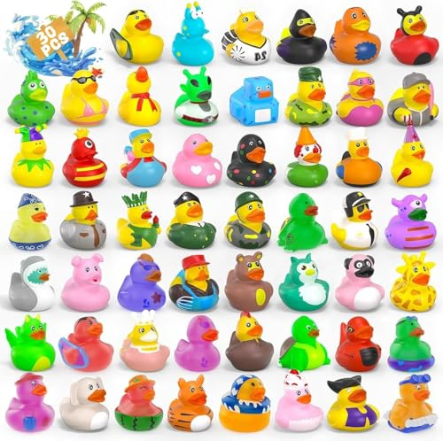 KAHEIGN 30 Piezas Patos de Goma, Surtido Aleatorio Patos de Goma Juguetes para El Baño con Bolsa de Malla para Bebés Niños Verano Playa Piscina Juguetes Regalos de Cumpleaños Recuerdos de Fiesta