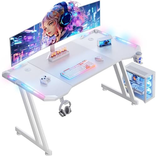 DLONGONE Gaming Desk with LED Lights, 120 x 60 cm Gamer Desk Z Shaped | Computer Table with Headphone Hook and Cup Holder, Ergonomic Design, Ideal for Play Home Office, Easy to Assemble, White