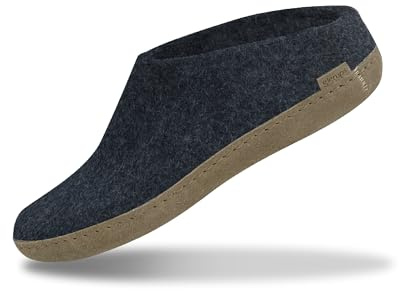 GLERUPS Slip On Hausschuhe Damen und Herren (Größe 14) | Blauer Unisex-Slipper aus Wolle mit Ledersohle