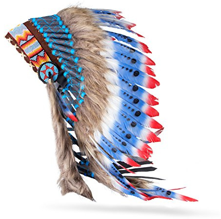 Pink Pineapple Traditioneller Indianer Inspirierter Kopfschmuck handgefertigt im traditionellen Stil Nordamerikanischer Indianer - Mittlere Länge - Blau, Rot und Weiß