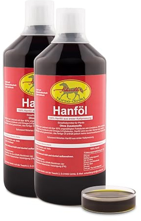 Hanföl 2 x 1 L für Hunde & Pferde – 100% kaltgepresstes Barföl aus dem Cannabis Sativa Samen – Naturprodukt ohne Zusatz – inkl. Dosierkappe