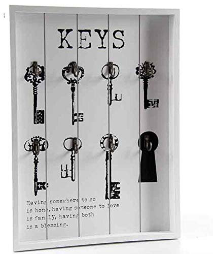 BAKAJI Cassetta Portachiavi da Parete con 6 Ganci Porta Chiavi in Legno MDF Bianco Decorazione con Chiavi Antiche Design Shabby Chic Dimensione 28 x 37 x 3 cm