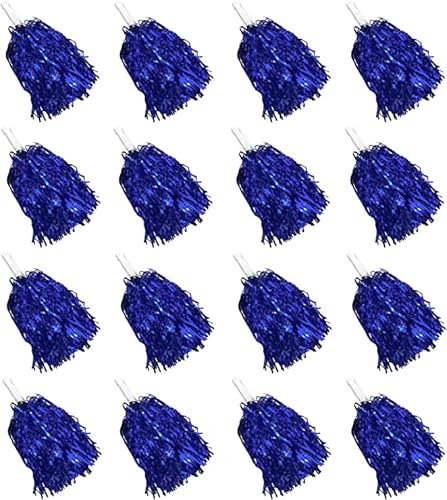 PPXMEEUDC 16PCS Cheerleading Pom Poms Metallic Foil Plastic Pom Poms with Baton Handle for Game Sports Squads Dancing Party Football Basketball Club Spirit Sports Stage Performance Celebration (Blue)