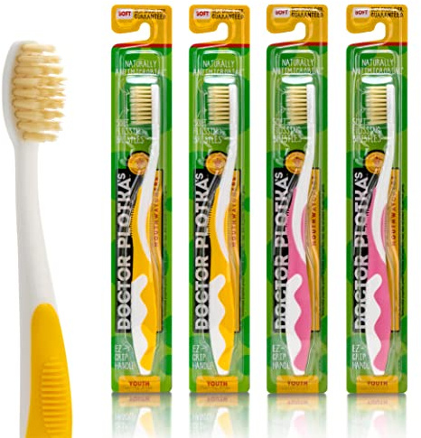 MOUTHWATCHERS Soft Childrens Flossing Manual Toothbrush, Value Pack of 4, Yellow and Pink, Toothbrushes for Kids & Teens, Ultra Clean, by Dr. Plotka's