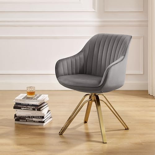 Zouron Drehstuhl Esszimmer, Küchenstuhl Grau Samtstuhl Polsterstuhl mit Armlehnen Sessel Metallbeine Sitzfläche 43x43cm (Grau-Metallbeine-1 pcs)