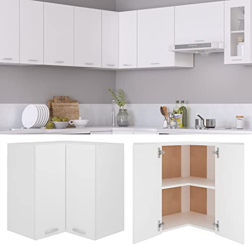 HOMIUSE Armario colgante de esquina, color blanco, 57 x 57 x 60 cm, de madera, armario de cocina, armario de cocina, armario de esquina, pequeño y dos estantes con mesa de trabajo