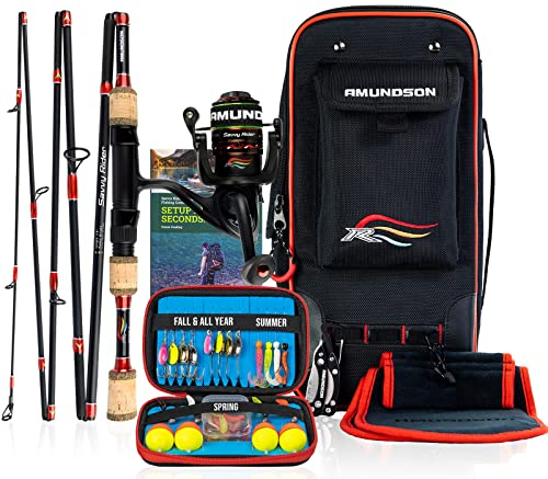 Amundson Angelrute und Rolle, Kombi, automatische Erweiterung, Graphit, Carbon, Aluminiumspule, tragbar, Reise- und Camping-Set, für alle Jahreszeiten, Allwetter-Angelköder für Anfänger und Angler,