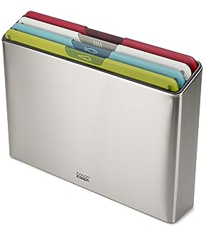 Joseph Joseph Folio Icon Schneidebrett-Set mit Aufbewahrungsbox, rutschfest, farblich gekennzeichnet, 4-teilig, Groß, Edelstahl