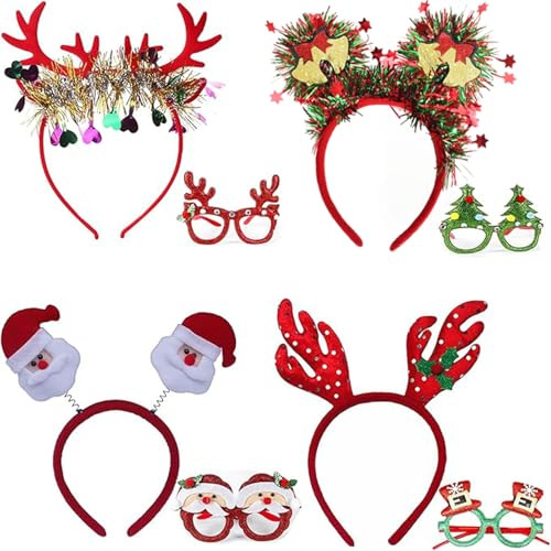 AOMAIGAD Weihnachtsstirnband und Weihnachtsbrillen-Set,4Stück Weihnachten Haarreifen und 4Stück Weihnachten Brillen,Weihnachten Stirnbänder Weihnachten Brille,Haarschmuck für Weihnachtsfeiern Cosplay