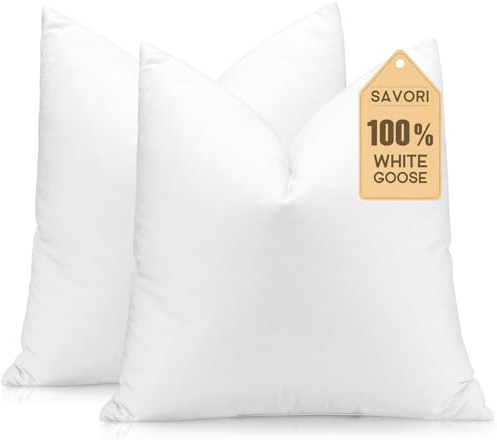 SAVORI Set of 2 Down and Feather Throw Pillow Inserts 22x22 Soft Fluffy Pillow Inserts with 100% Down-Proof Cotton Cover, Decorative Square Cushion Inner for Sofa Couch Bed-White