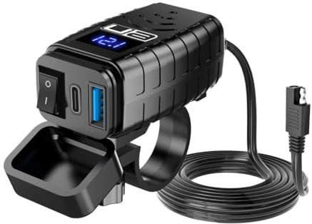 UltimateAddons 38W Motorcycle USB Charger with LED Voltmeter, USB-C + USB-A 12V SAE Charger with On/Off Switch & Handlebar Mount