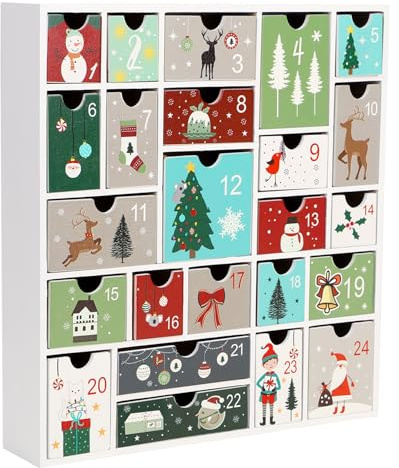 SAND MINE Wooden Christmas Advent Calendar with 24 Drawers, Countdown to Christmas, Refillable Wooden Advent, White