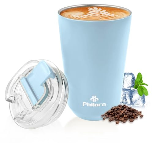 PHILORN Taza de café aislada de 380 ml con tapa a prueba de fugas, taza de café de viaje reutilizable para bebidas calientes y frías, vaso de café de acero inoxidable al vacío azul claro con doble
