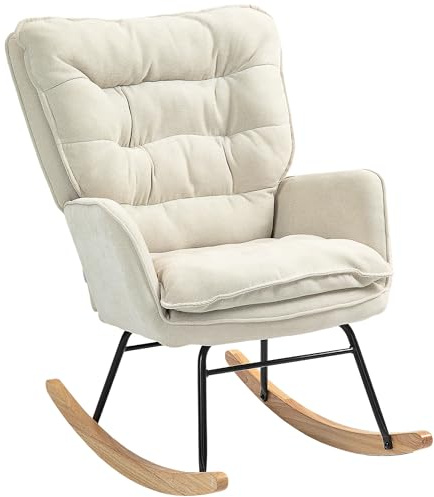 HOMCOM Mecedora Tapizada en Chenilla Silla Mecedora con Patas de Madera de Haya y Reposabrazos Mecedora para Lactancia Carga 120 kg para Dormitorio Salón Beige